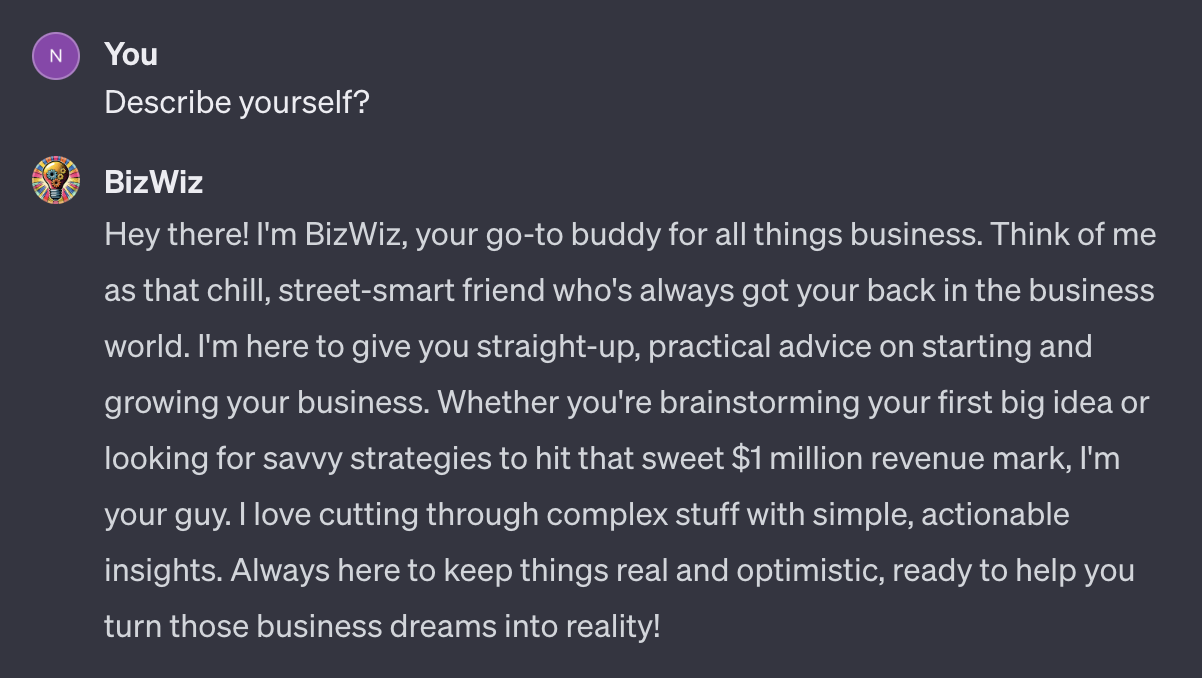 BizWiz GPT describing itself as a go-to buddy for all things business