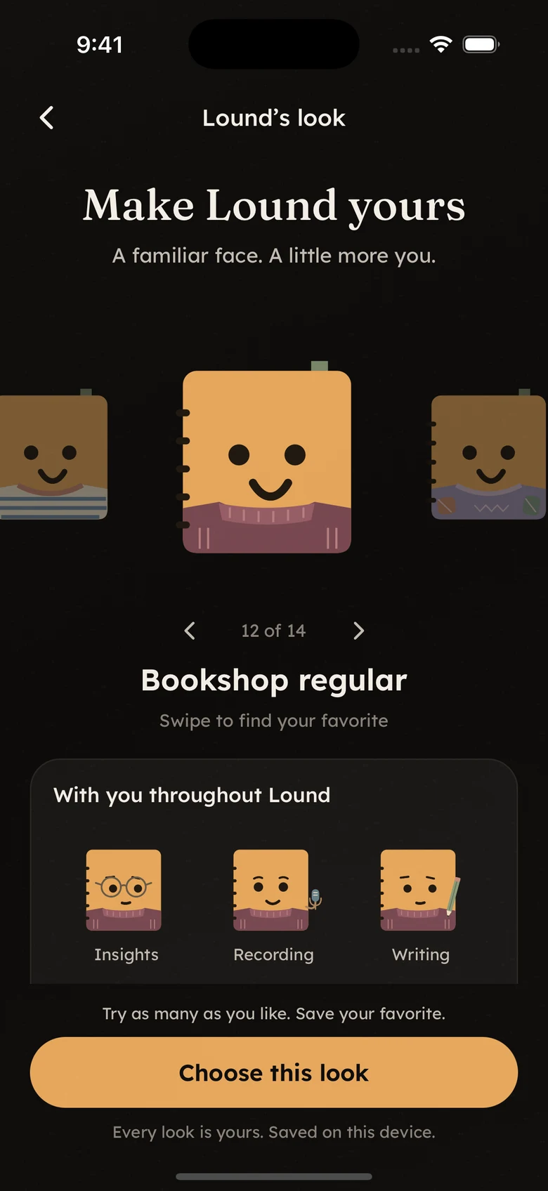 Lound customization screen showing a personal outfit with recording, writing, and Insights accessories