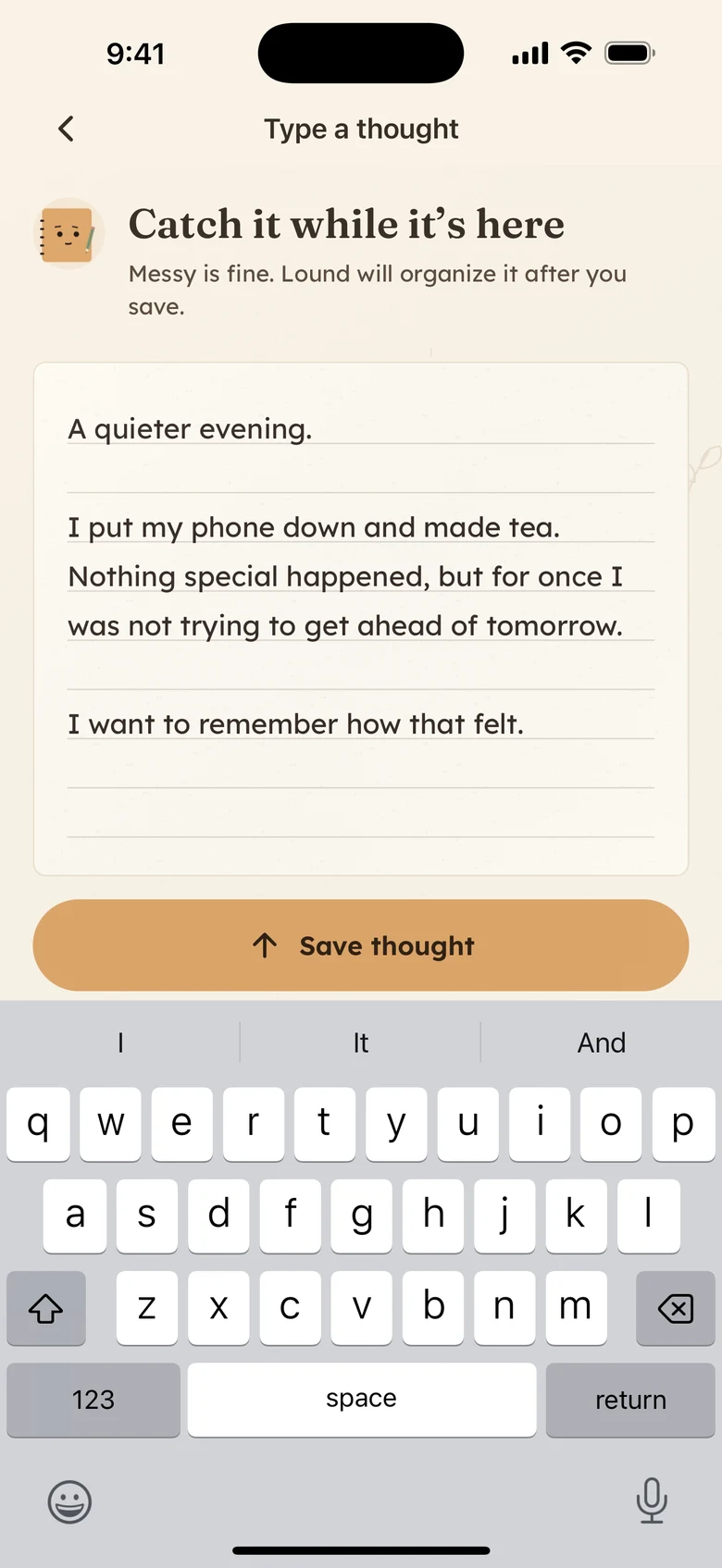 Lound writing screen for capturing a journal entry by typing
